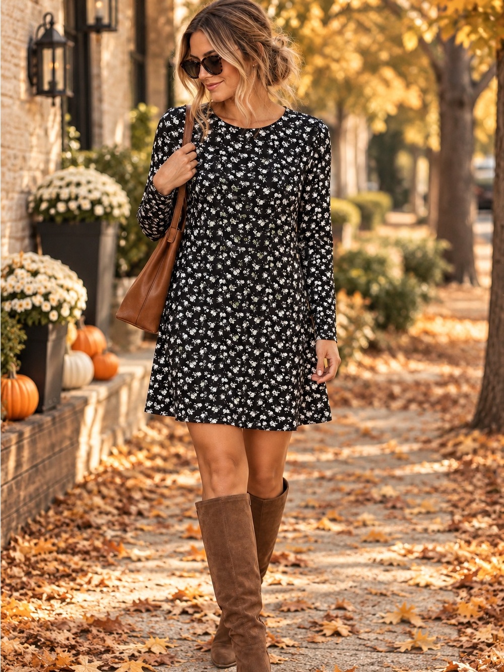 H&M Black Floral Mini Dress Long Sleeve 100% Viscose Size L